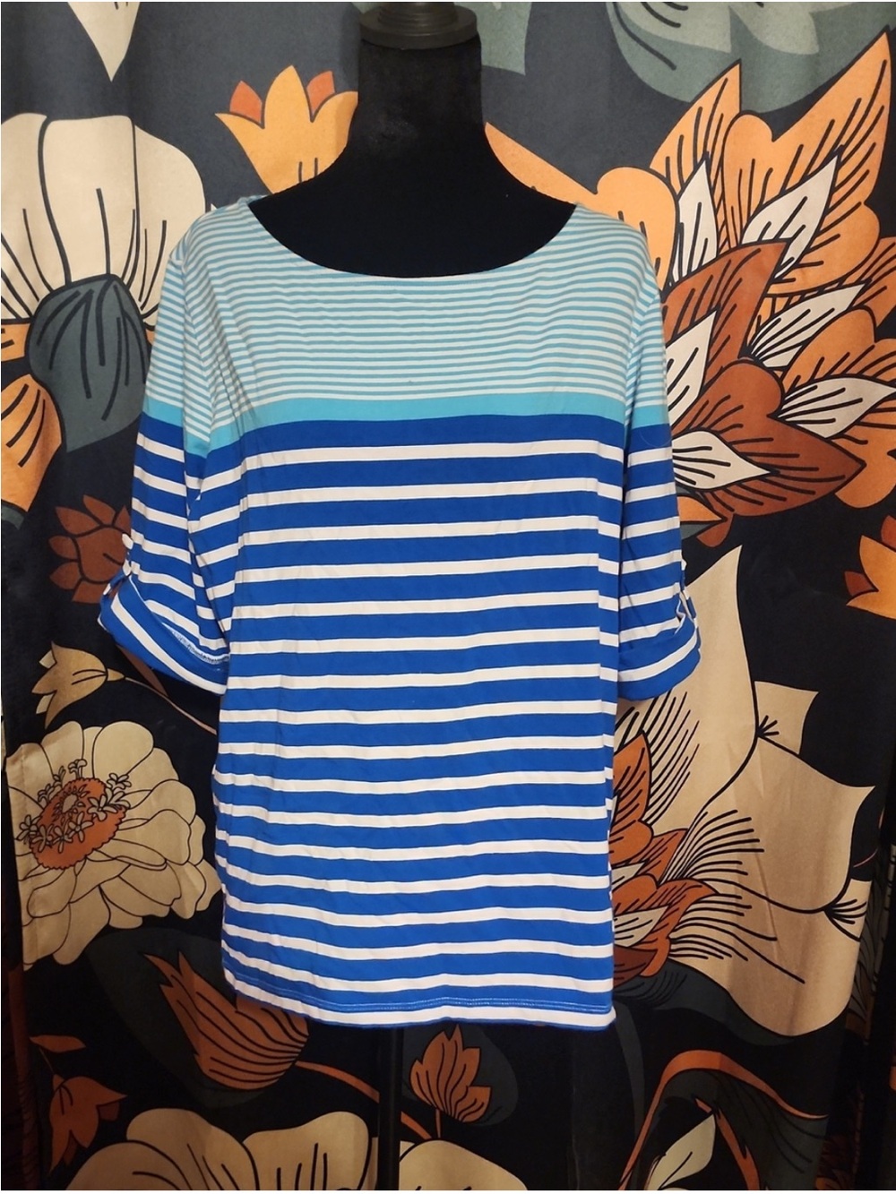 Ruby Rd. Blue and Aqua Striped Boatneck Short Sleeve Top
